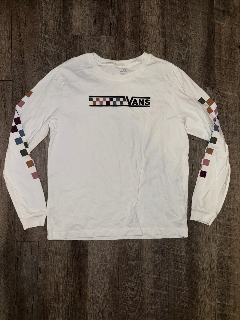 Vans White Long-Sleeve Checkerboard Logo Tee with Multicolor Sleeve Squares